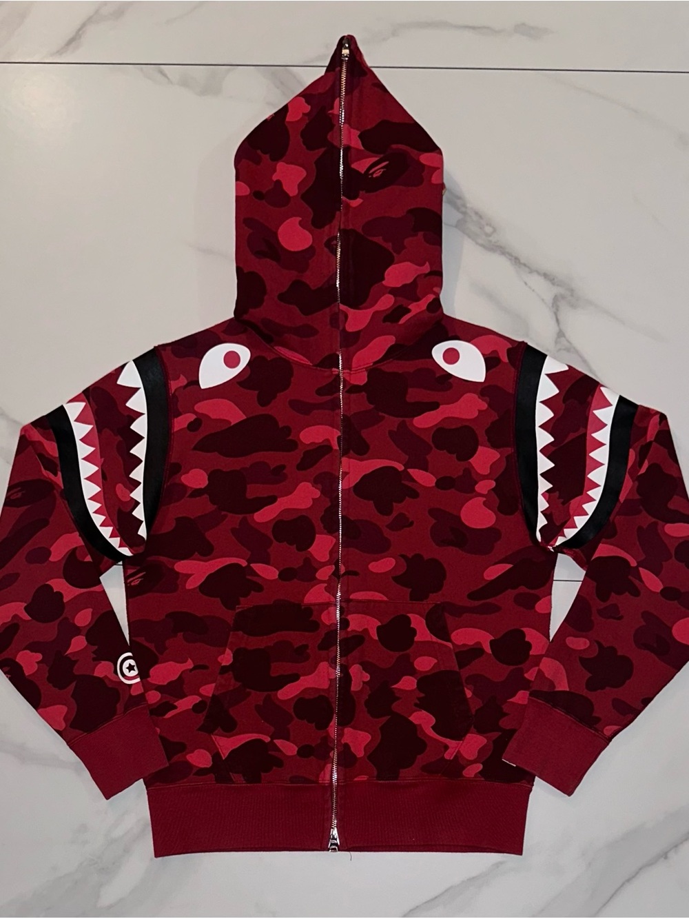 BAPE A Bathing Ape Shoulder Shark Full Zip Hoodie Red Camo Medium